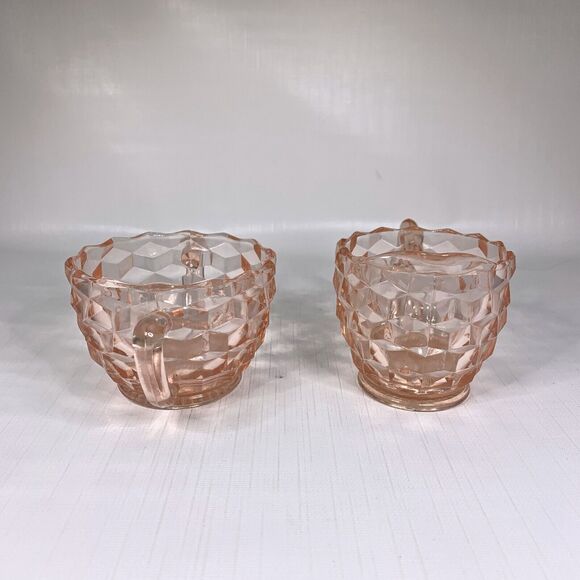 Jeanette Cubist Pink Cream Sugar Depression Glass Small Set Cottage Core Vintage - Picture 2 of 6